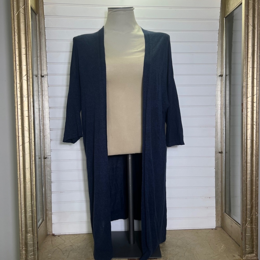 J Jill Pure Jill Women's Small Open Front Long Cardigan Duster Navy Linen Blend
